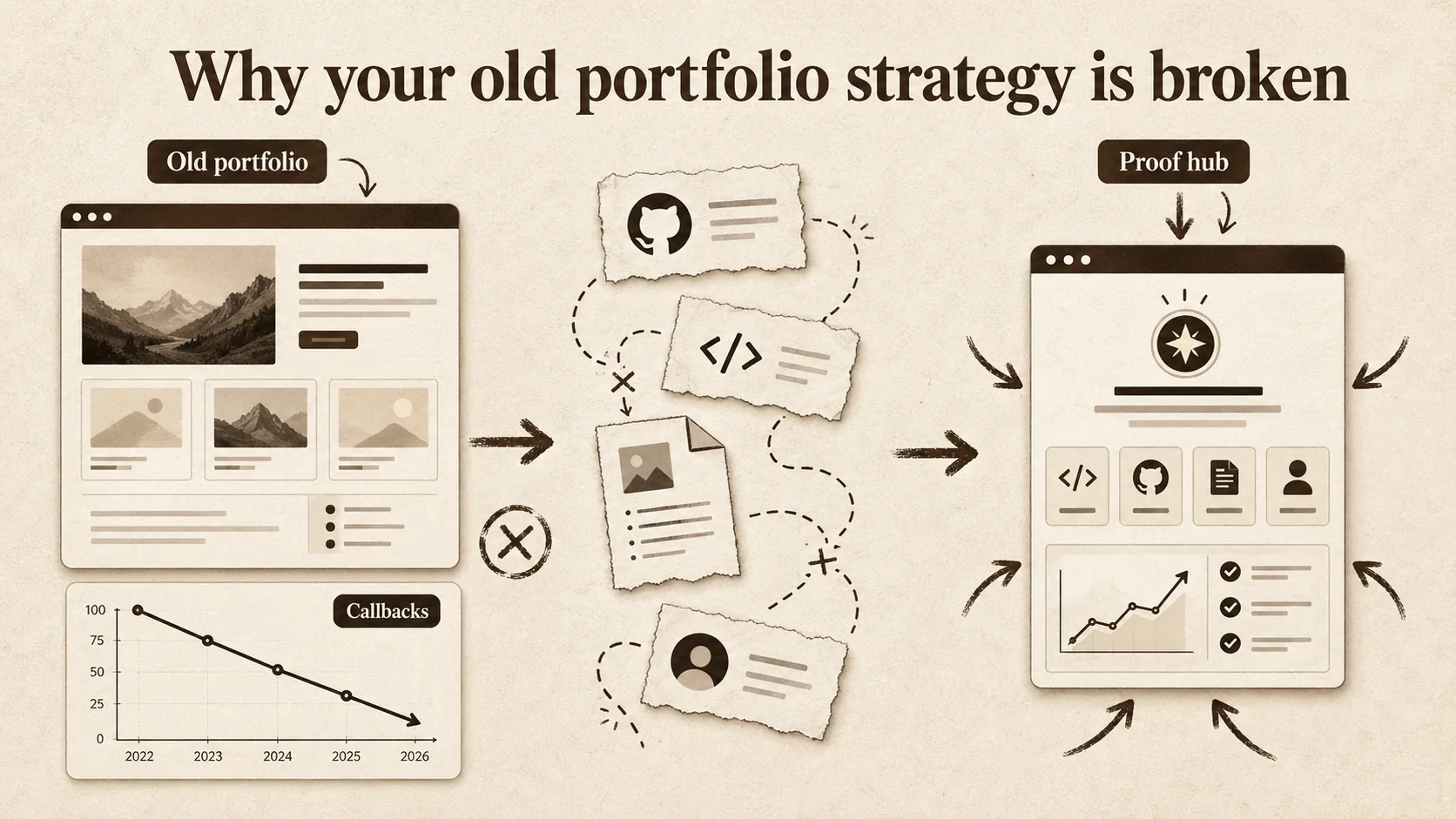 A graph trending downward labeled "Interview Callbacks" next to a beautiful but vague portfolio website.