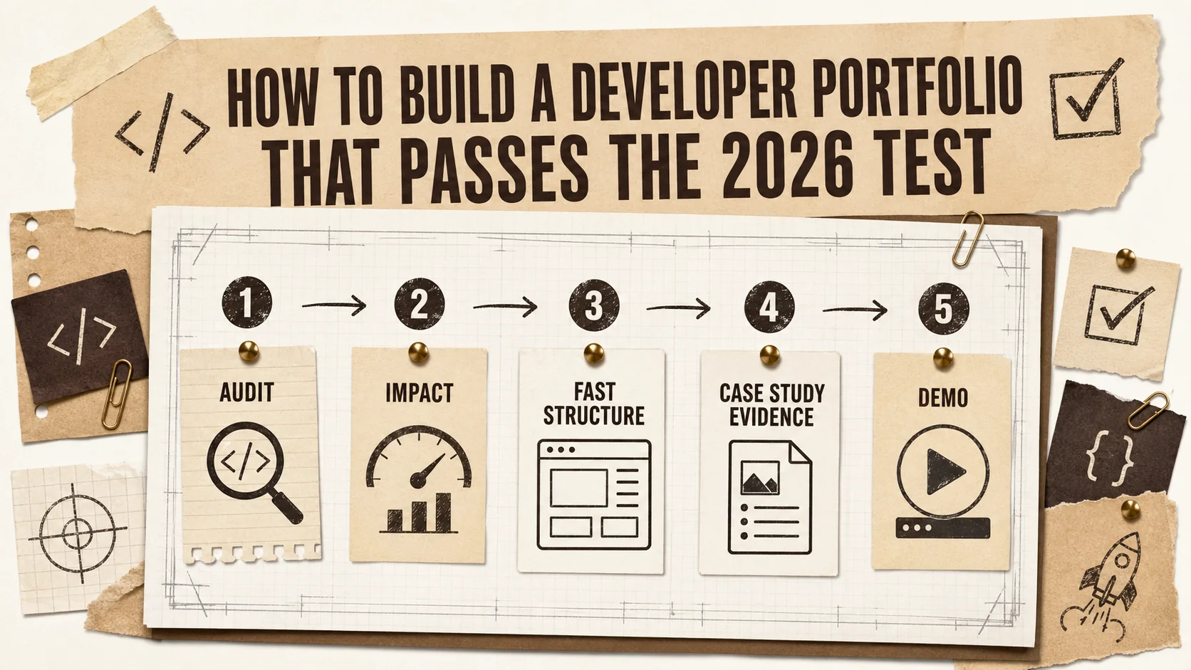 A step-by-step visual checklist building a portfolio, from keyword audit to live demo integration.