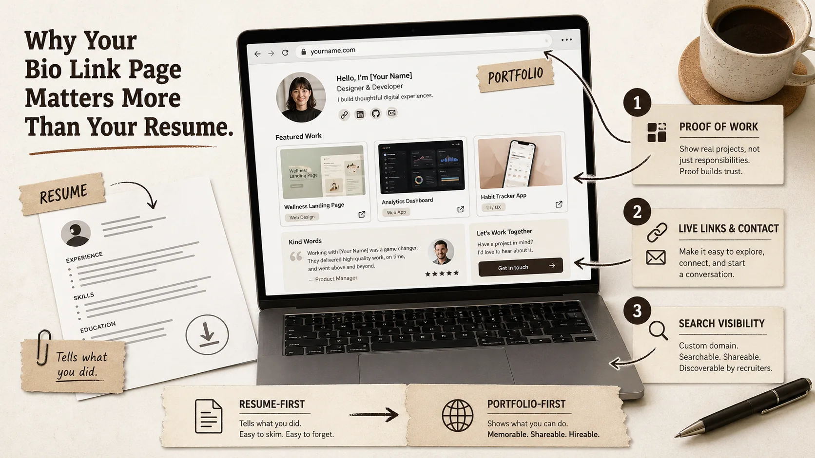 A recruiter's desk with a laptop showing a bio link page, a resume on the side, and a coffee cup, illustrating the shift from resume-first to portfolio-first hiring