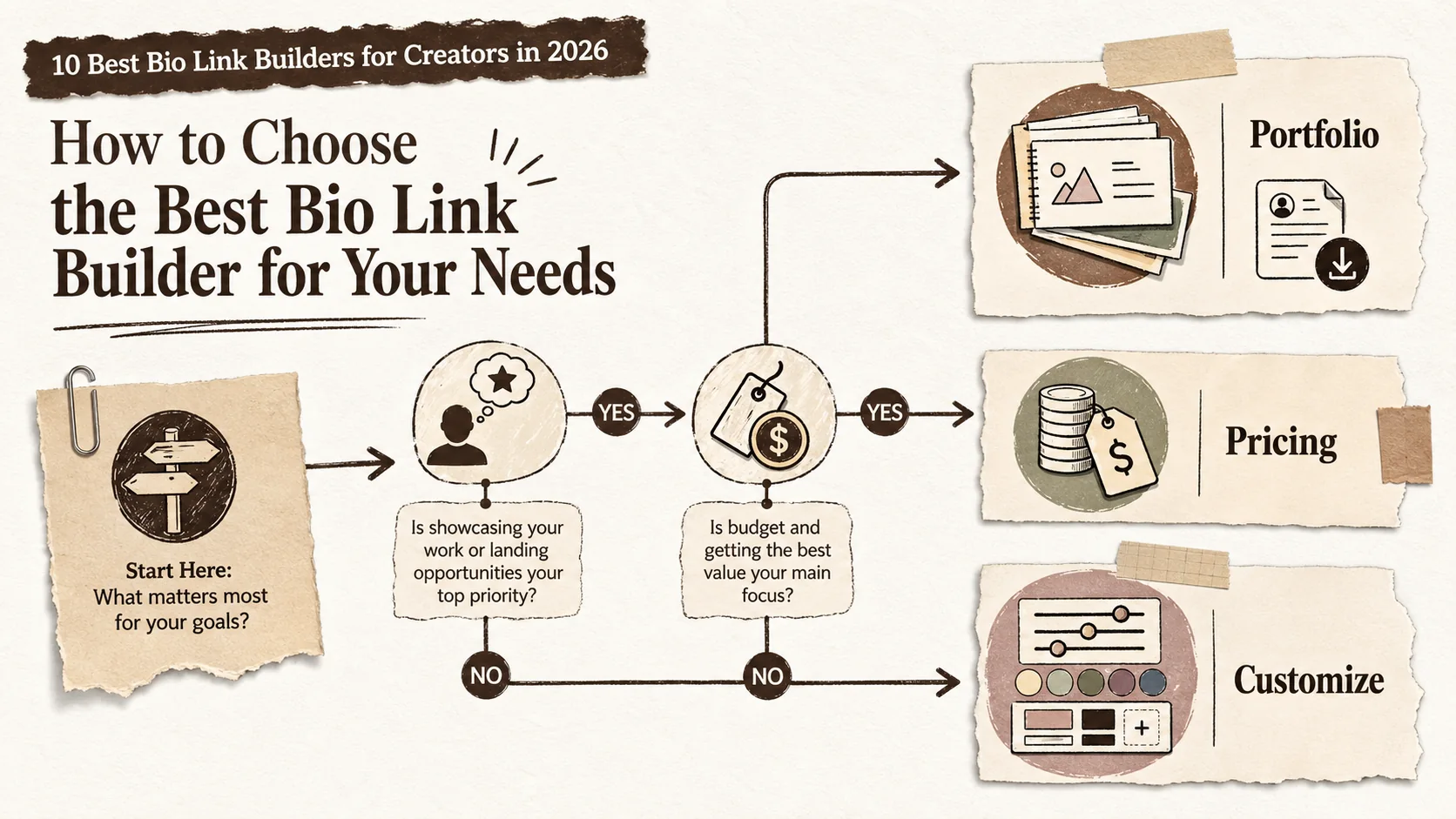 A decision flowchart showing the process of choosing a bio link builder based on needs: portfolio, pricing, and customization