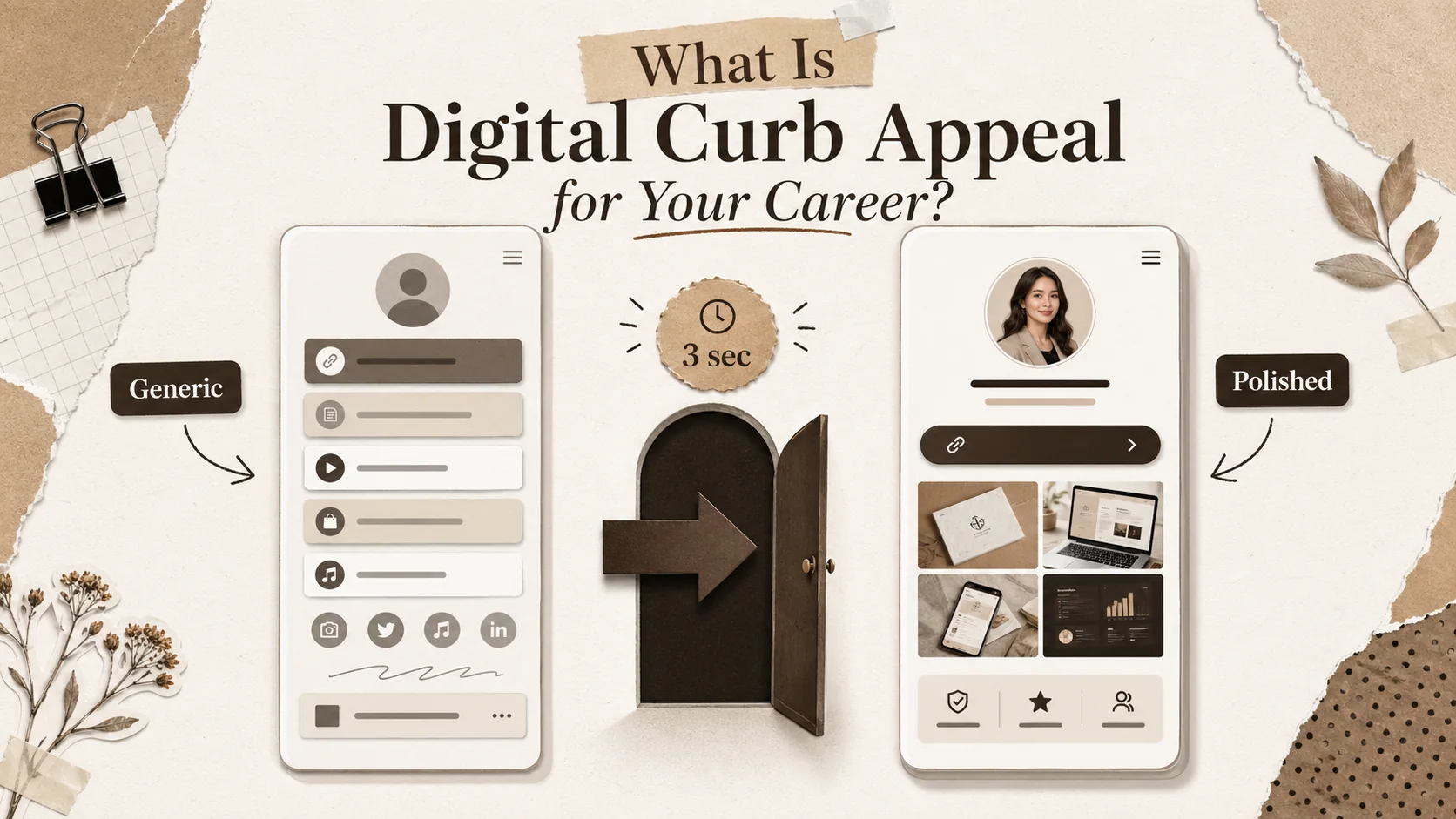A side-by-side comparison of two bio link pages: one cluttered with default icons and poor formatting, and one clean, visually branded, and professional.