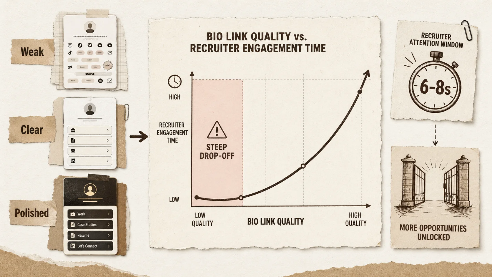 A graph chart showing the correlation between bio link page design quality and recruiter engagement time, with a steep drop-off for poorly designed pages.