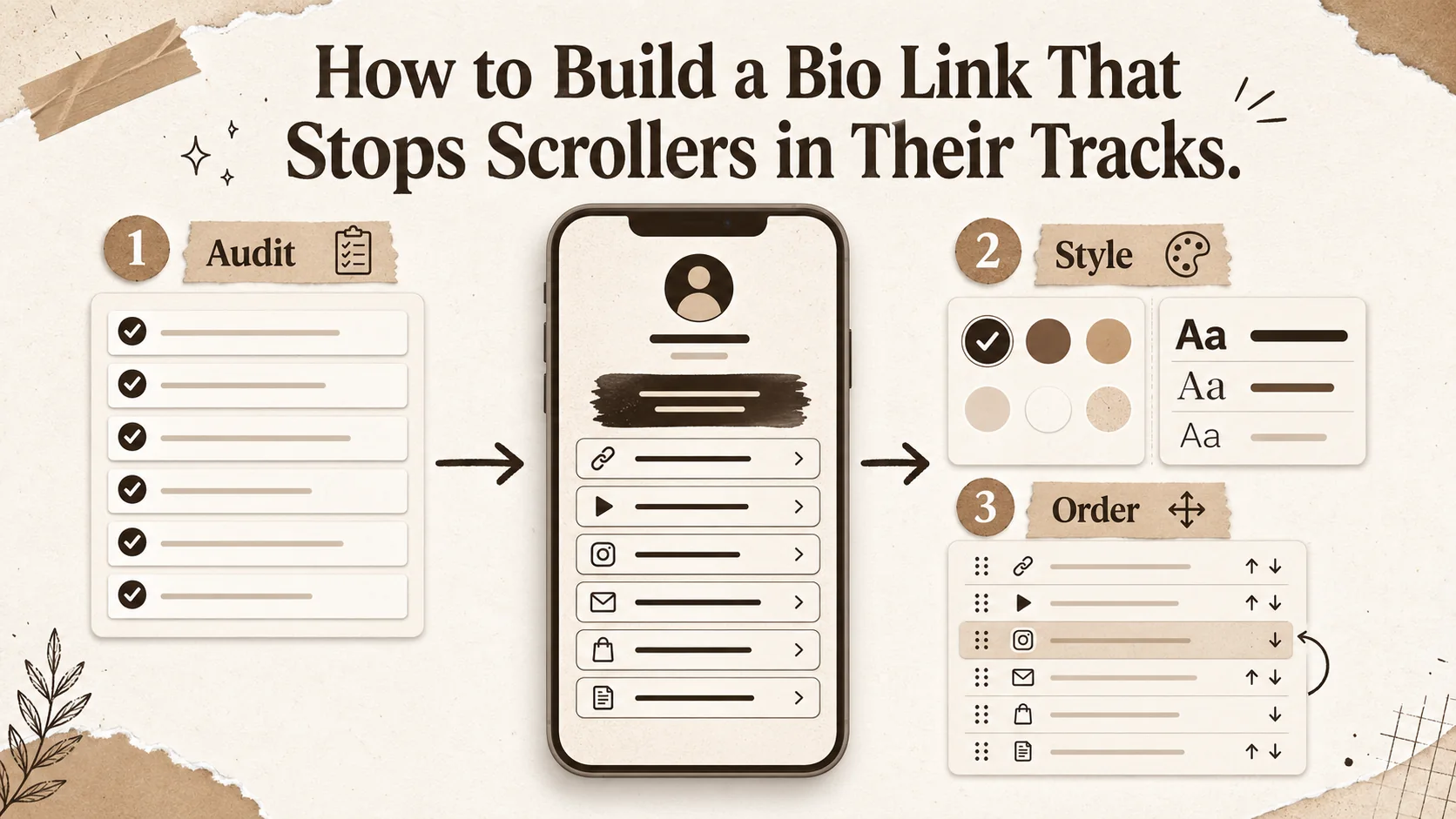 A step-by-step visual builder interface showing the customization of a bio link page, with color pickers, font selectors, and link ordering tools.