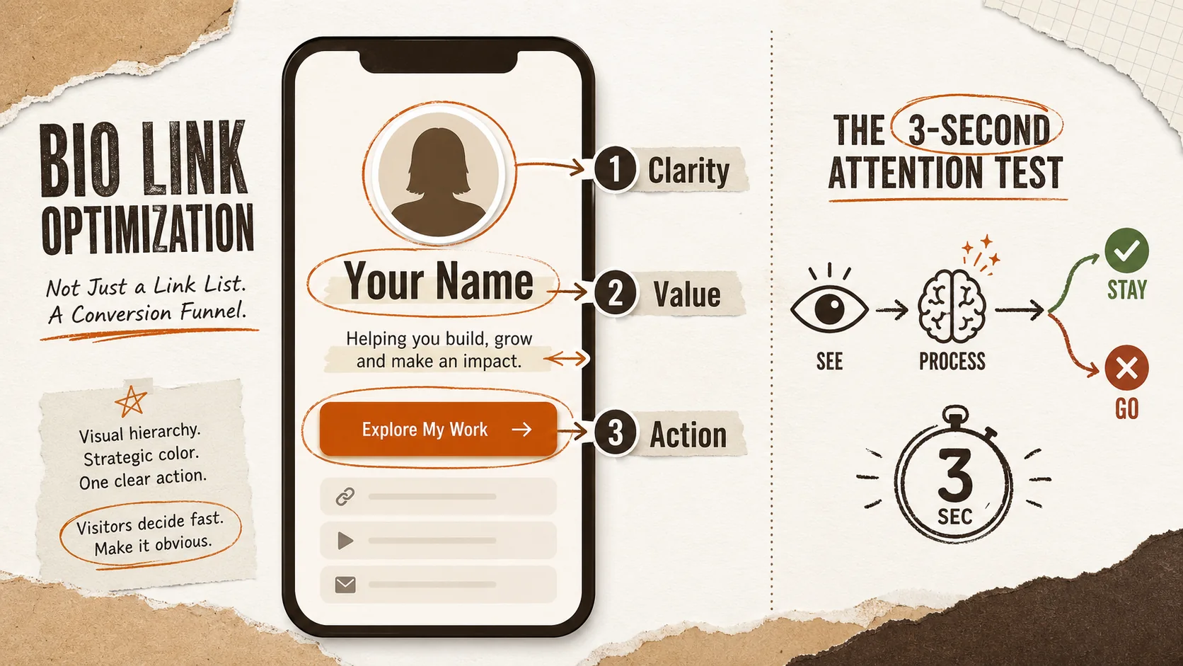 A close-up screenshot of a bio link page hero section, highlighting a clear profile photo, name, tagline, and a single prominent button.