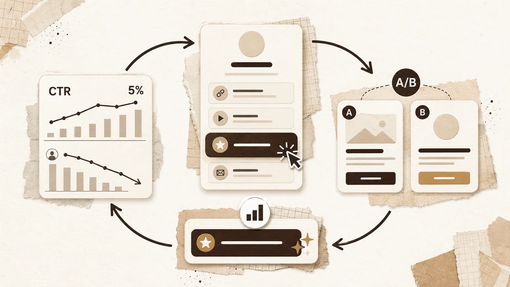 An analytics dashboard screenshot showing click-through rates, popular links, and visitor drop-off points on a bio link page.