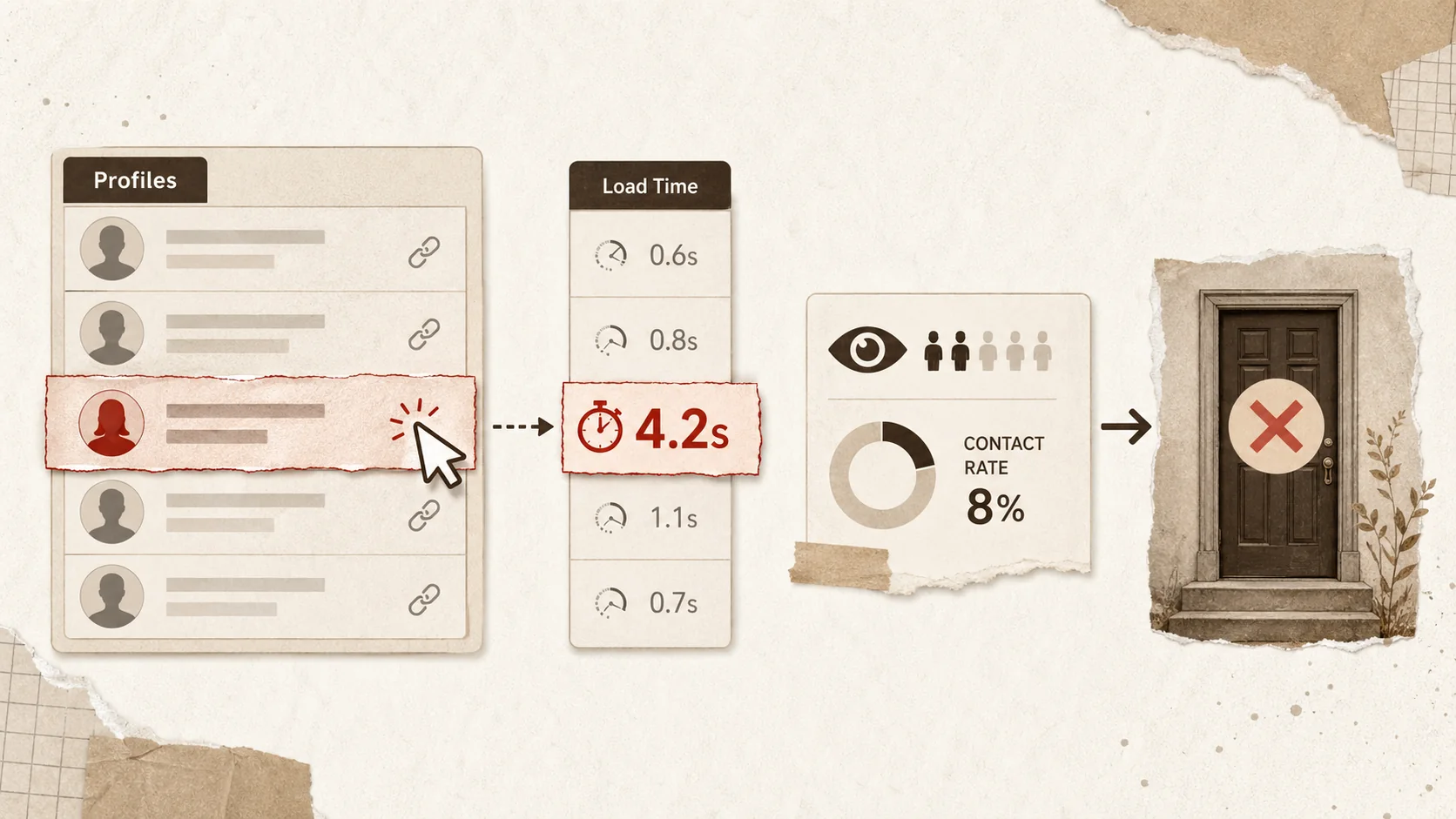 Screenshot of a LinkedIn Recruiter dashboard showing a list of candidate profiles, with a "Page Load Time" column next to profile views, highlighting one candidate with a 4.2s load time and a red "X" icon