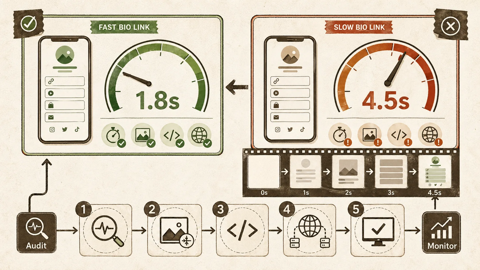 Screenshot of the WebPageTest.org results interface comparing two bio link pages, one with a speed index of 1.8s and one with 4.5s, showing filmstrip view of the slower page loading