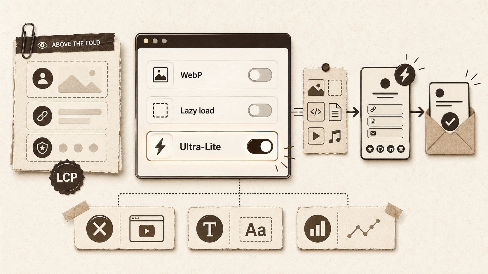 Screenshot of a Popout page editor highlighting performance settings: "Enable WebP conversion", "Lazy load images", and a toggle for "Ultra-Lite Mode" with a note "Prioritize speed over advanced animations"