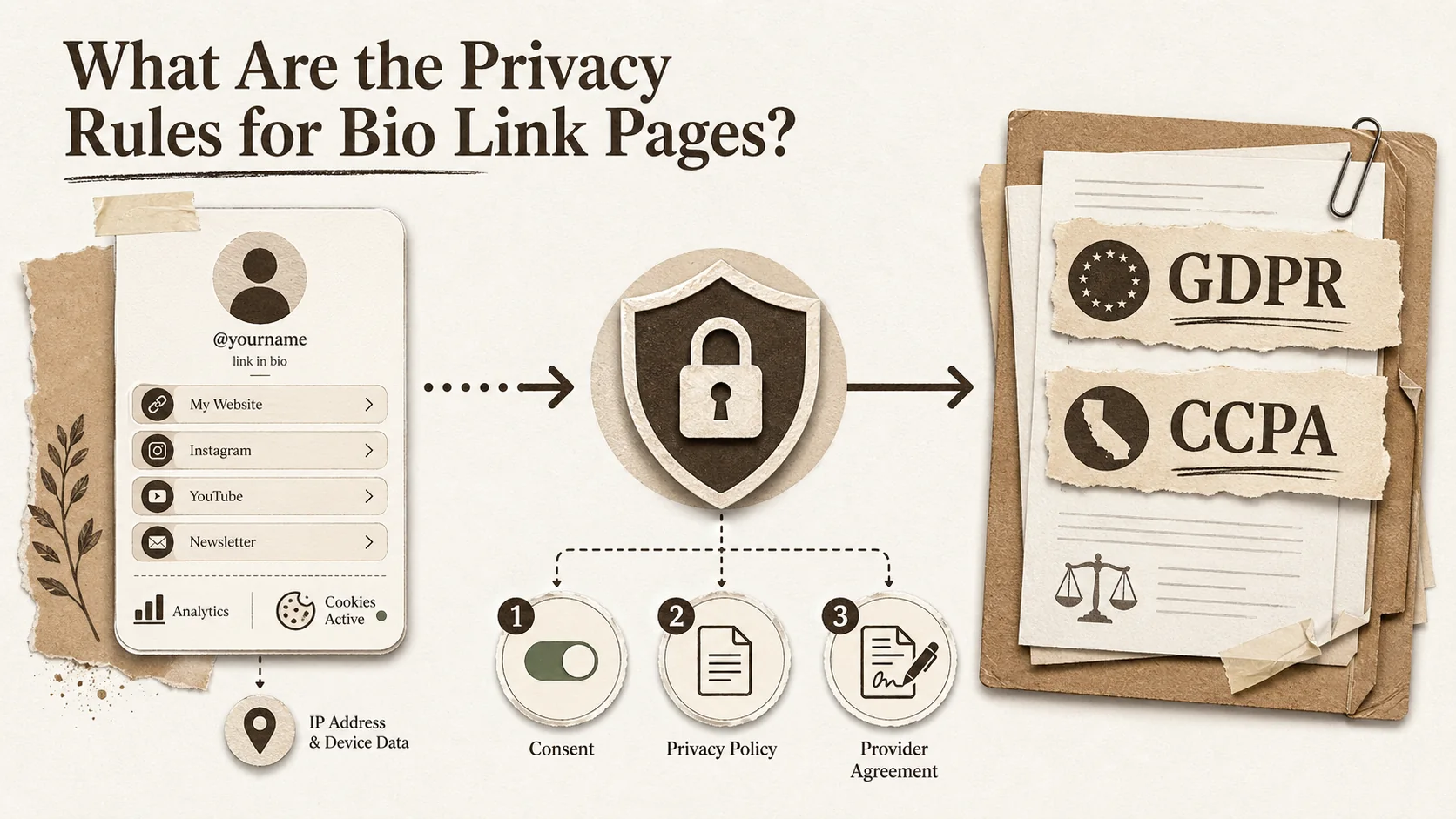 A split-screen image showing a simple bio link page on one side and a complex legal document with highlighted GDPR and CCPA text on the other.