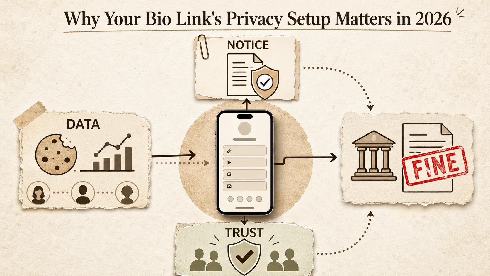 A close-up of a legal document with a red "FINE" stamp over it, next to a smartphone showing a bio link page.