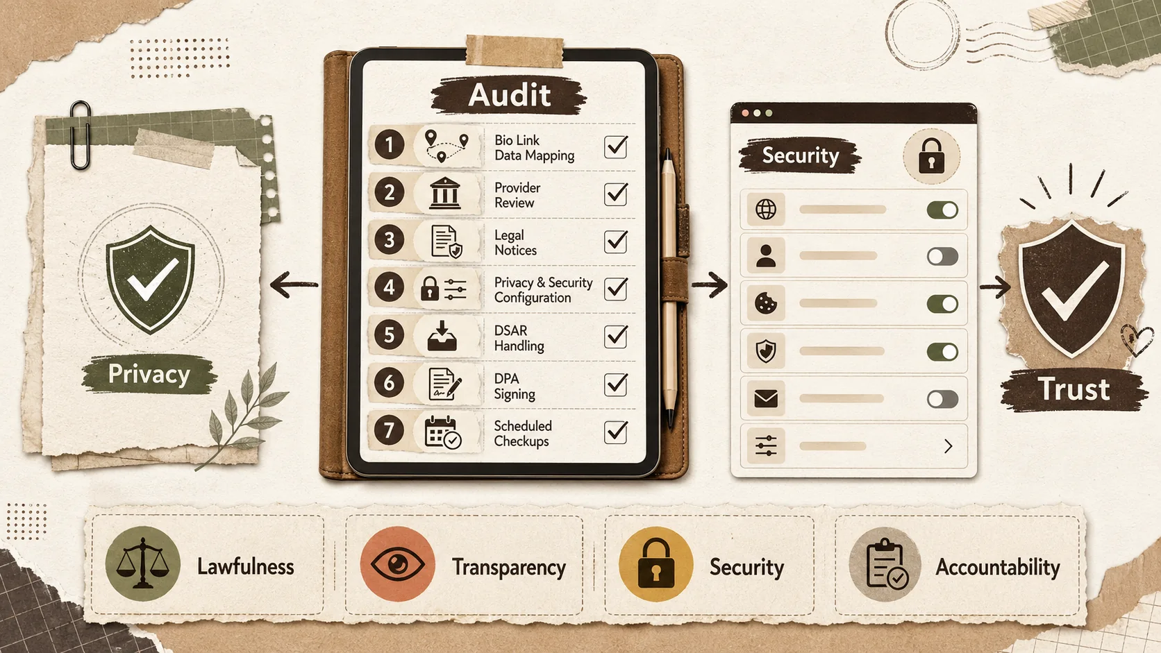 A person using a checklist on a tablet, with a browser window showing a bio link page's settings and a privacy policy document.