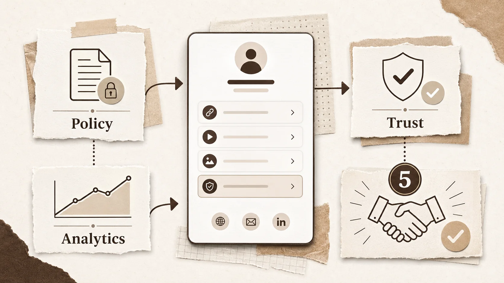 A professional, clean bio link page on a desktop screen, with icons for trust like a shield, a checkmark, and a transparent policy link.