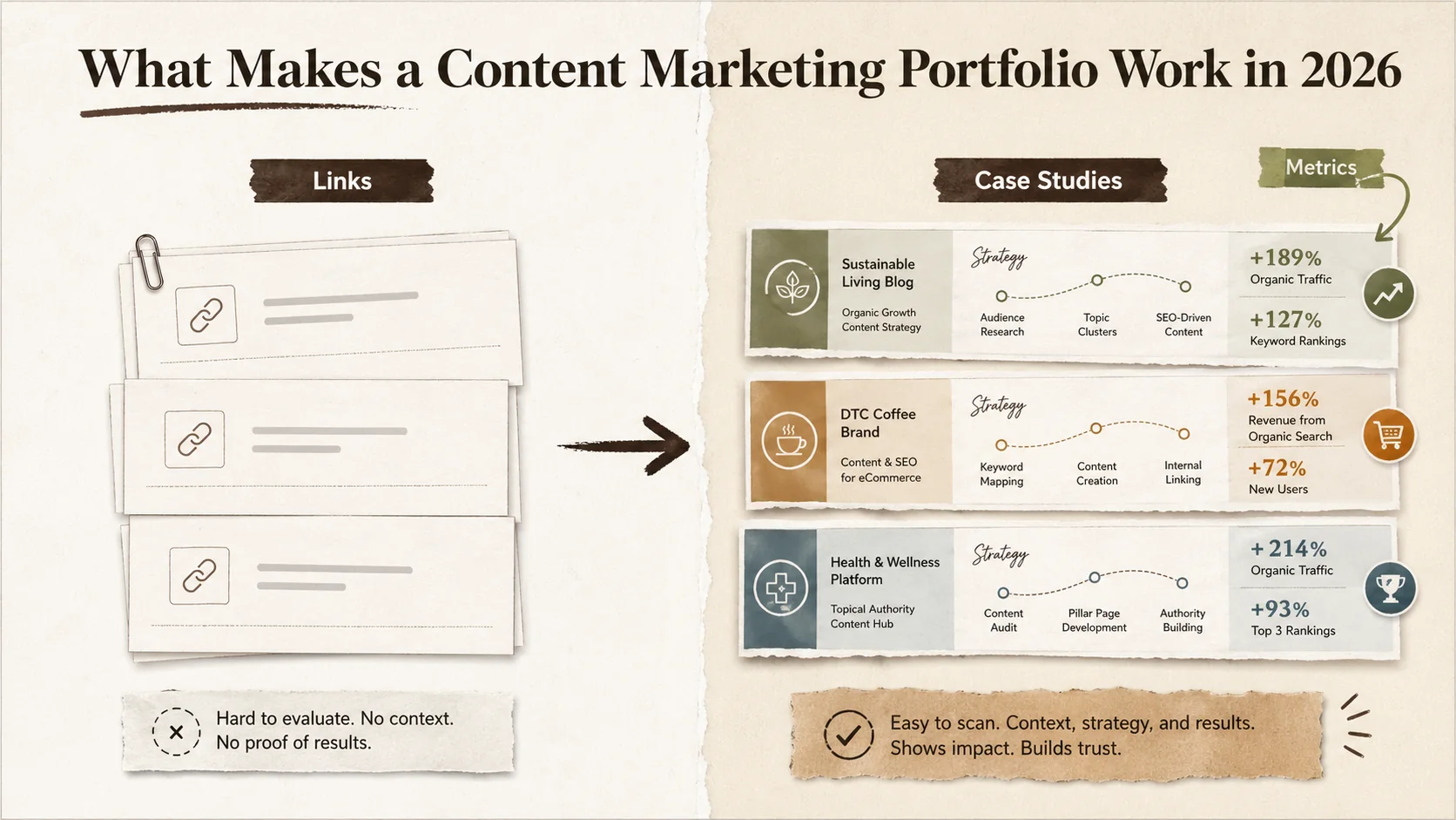 A split screen showing a weak portfolio on the left (just links) and a strong portfolio on the right (case studies with metrics)