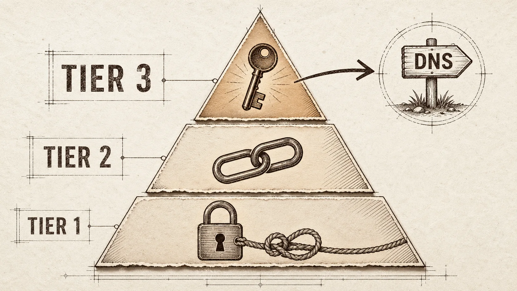 Editorial blueprint illustration of a three-tier pyramid in dark brown ink on kraft paper, top tier marked with a key icon, middle tier with a chain-link icon, base tier with a padlock and tether-rope