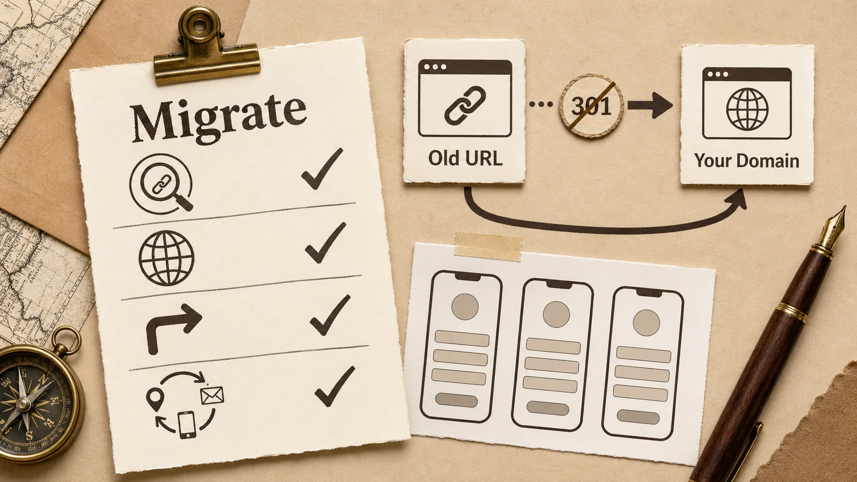 Top-down flat-lay on kraft paper desk surface with a clipped cream checklist showing checkmark ticks, a vintage brass paper clip, a dark wood fountain pen, and a printed proof sheet of generic bio-link mobile mockups