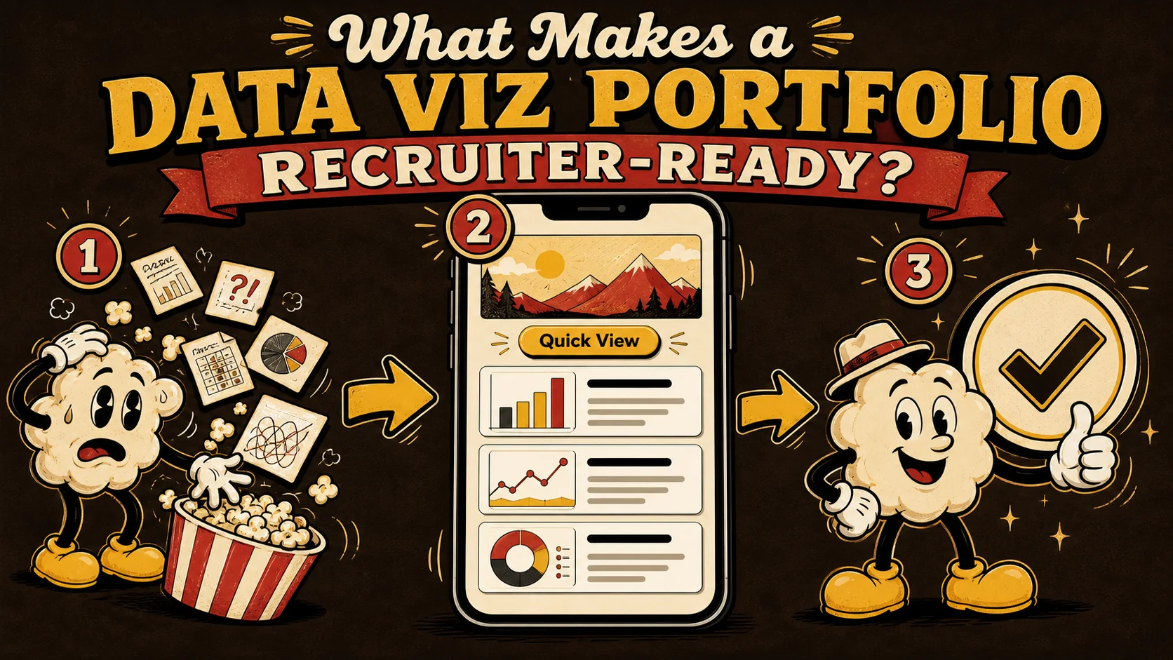 A dataviz portfolio homepage on a phone screen, showing a clean hero image, three project cards with clear headlines, and a “Recruiter Quick View” button that filters the most relevant projects.