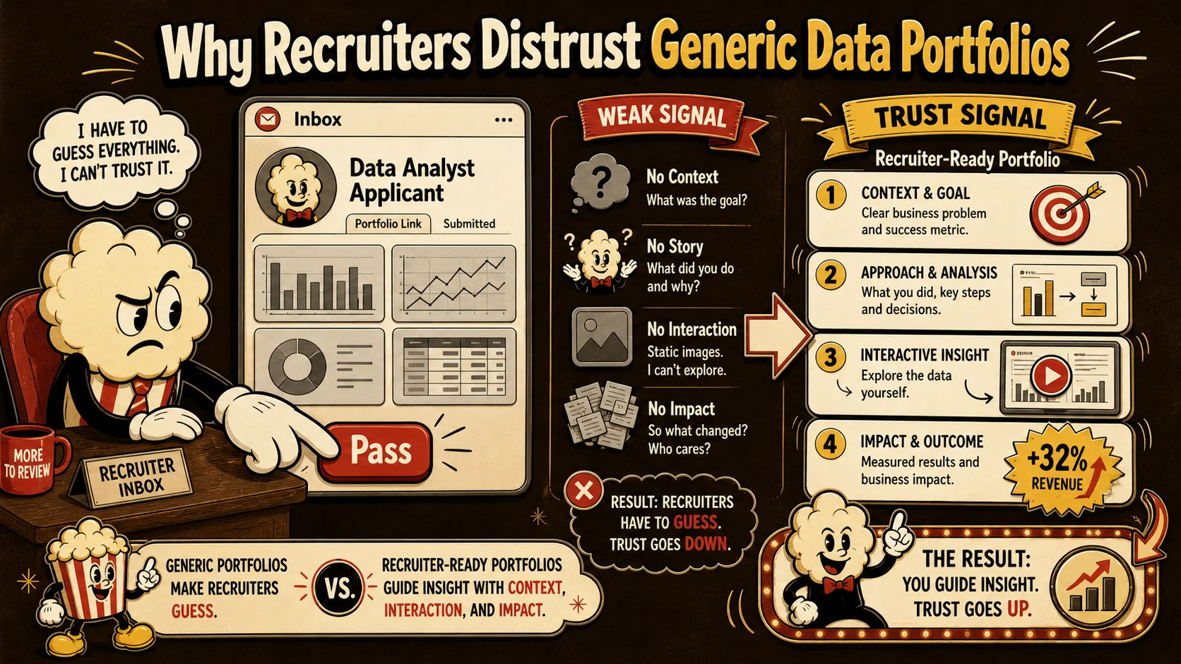 A recruiter’s inbox view with a candidate profile open, showing a generic chart portfolio with no annotations, and a “Mark as Not Interested” button being clicked.