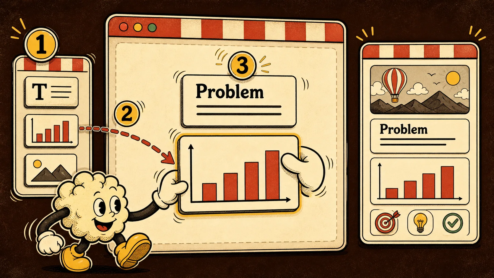 A step‑by‑step builder interface showing a drag‑and‑drop portfolio page creator. A user is placing a chart component and adding a “Problem” text block above it in real time.
