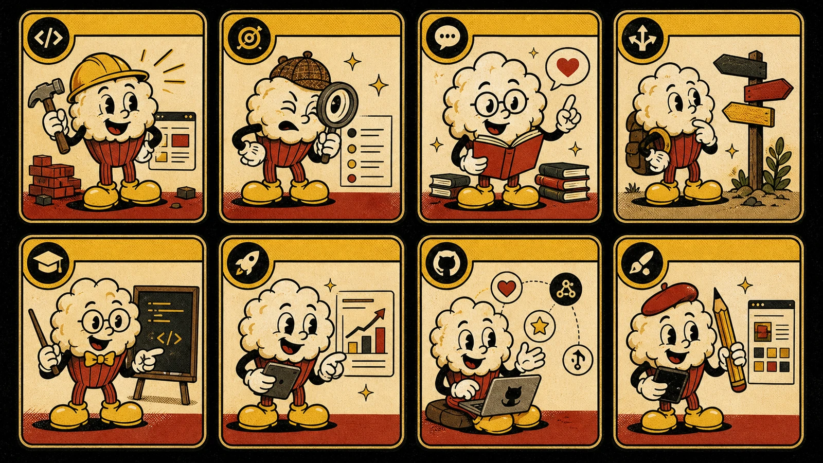 Eight developer bio archetype cards arranged in a Popout grid