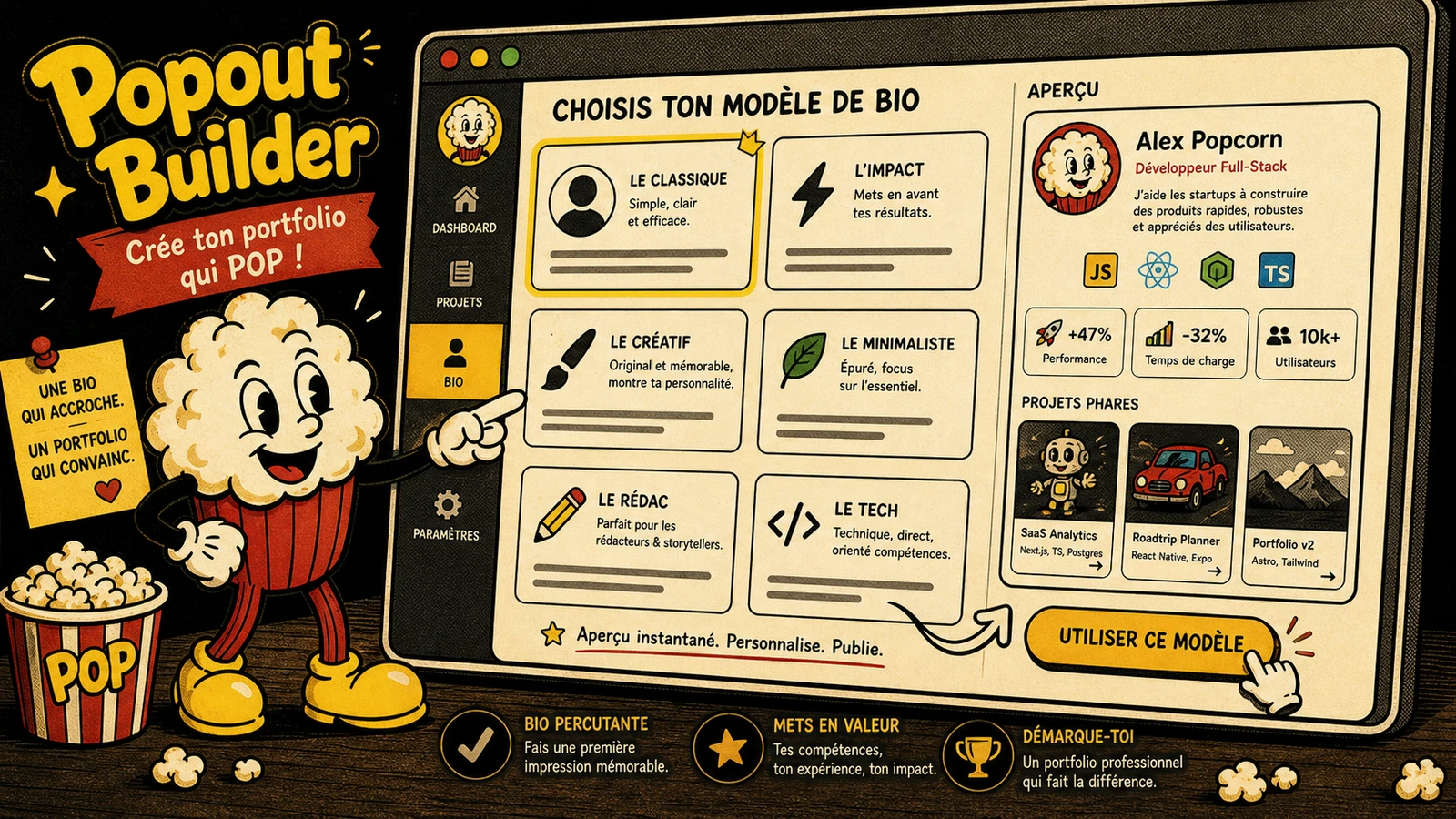 Popout builder bio template picker screen