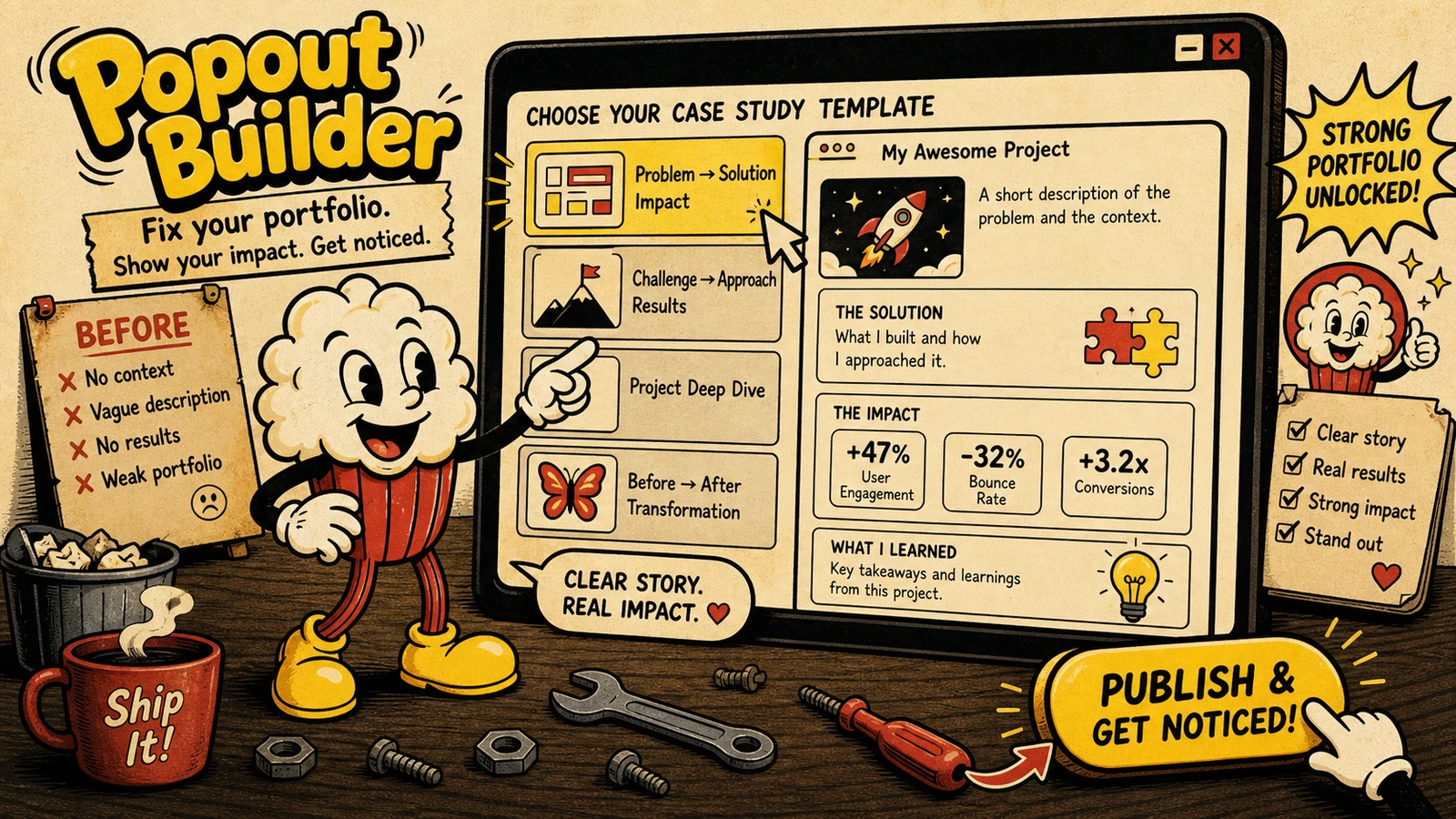 Popout builder case-study template picker screen