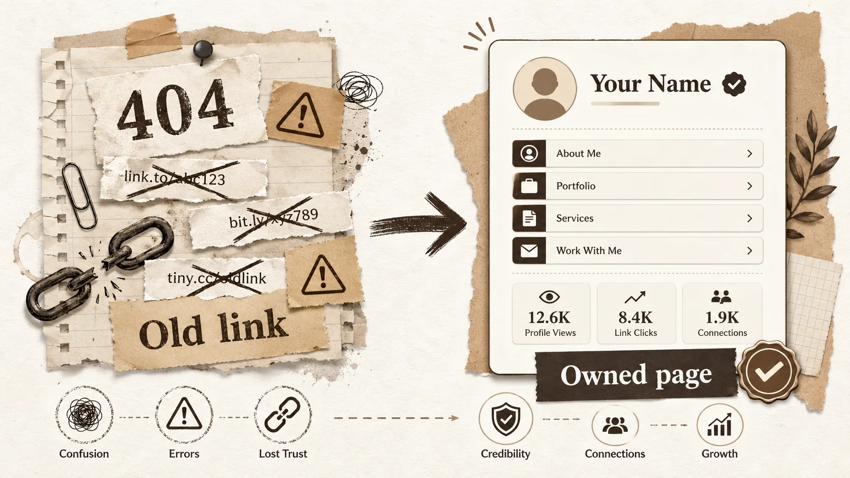 A side-by-side comparison: left shows a messy notepad with scribbled links and '404 Error' messages; right shows a clean, modern webpage on a laptop with organized links and metrics