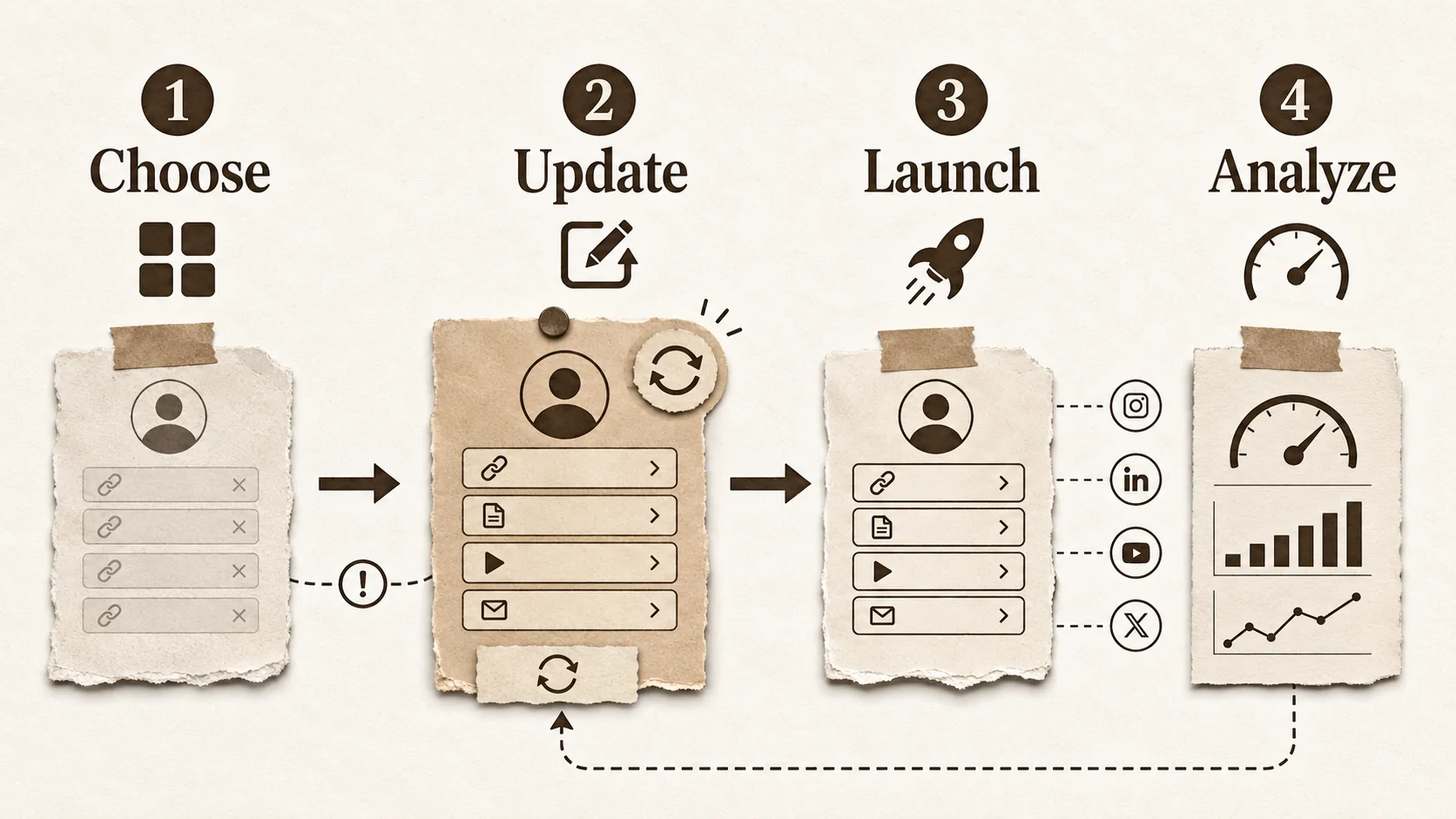 A flow chart showing a step-by-step process from 'Choose Your Platform' to 'Launch & Analyze', with icons for each step