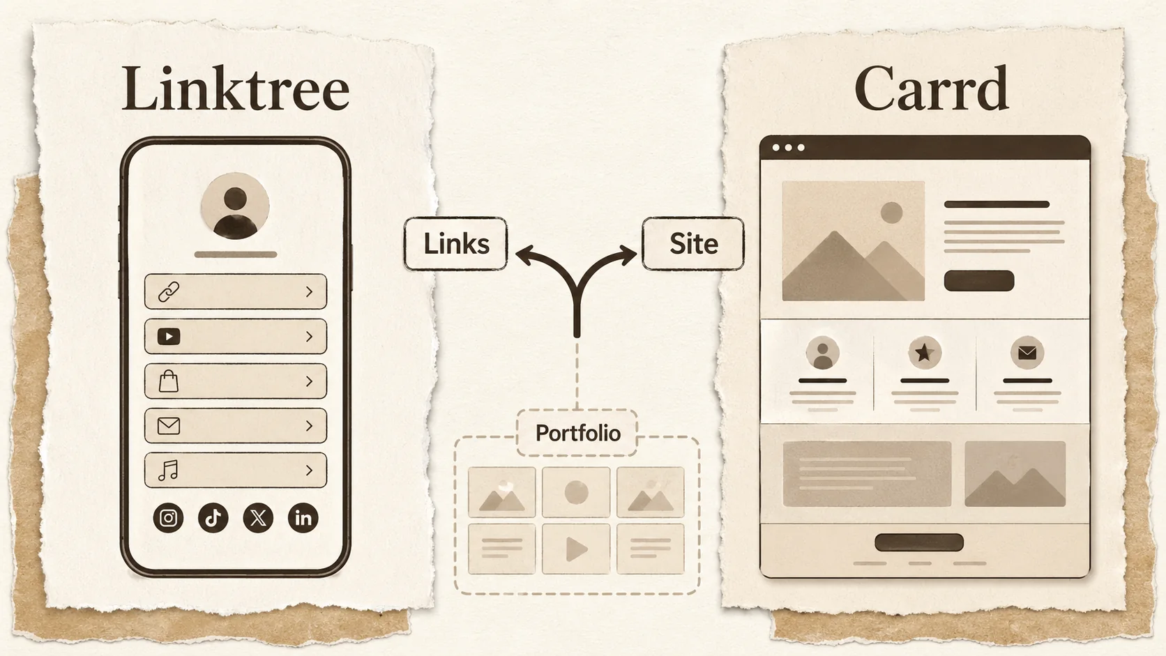 A side-by-side screenshot of a Linktree profile page and a Carrd-built micro-site.