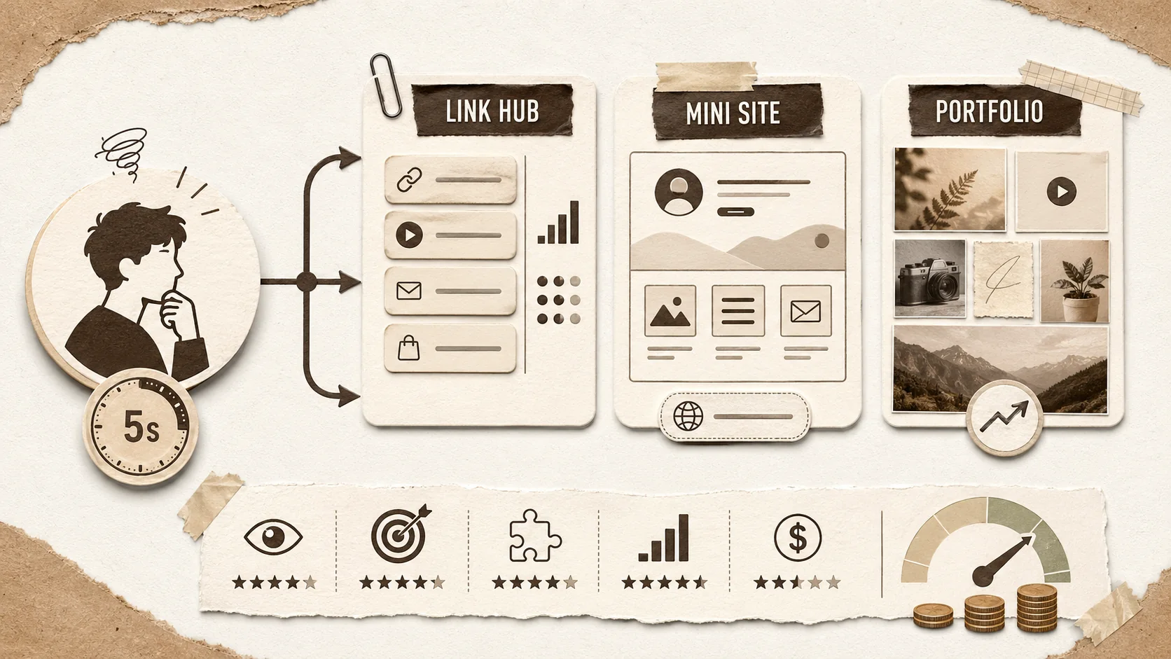 An illustration of a person looking overwhelmed at a screen cluttered with too many tool icons.