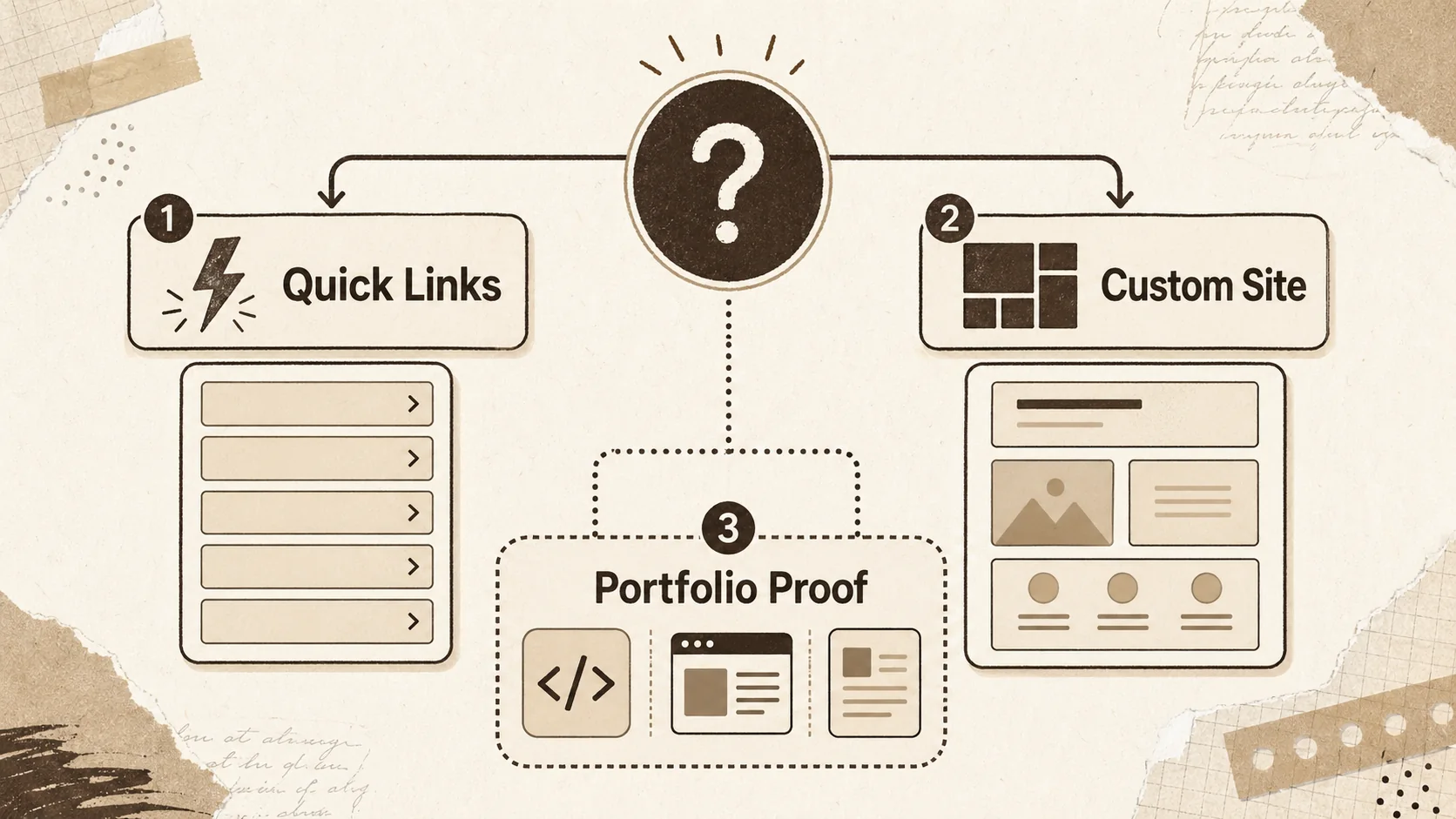A flowchart-style image with two paths: one labeled "Quick Links" pointing to Linktree, and one labeled "Custom Site" pointing to Carrd.