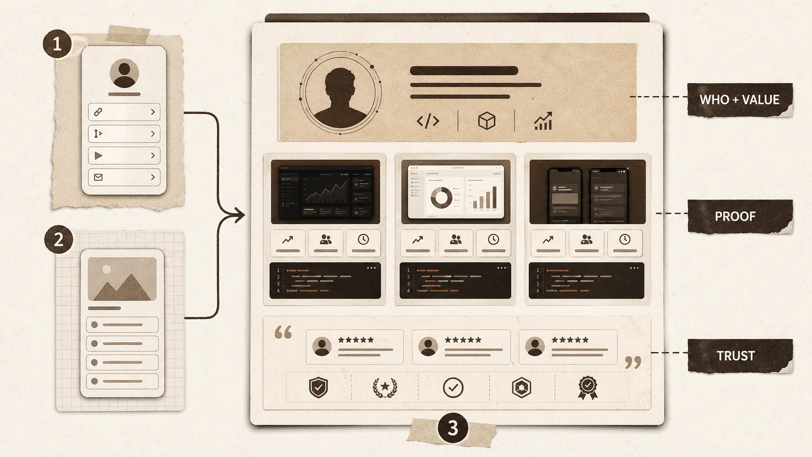 A mockup of a sophisticated portfolio page with project case studies, metrics, and testimonials laid out cleanly.