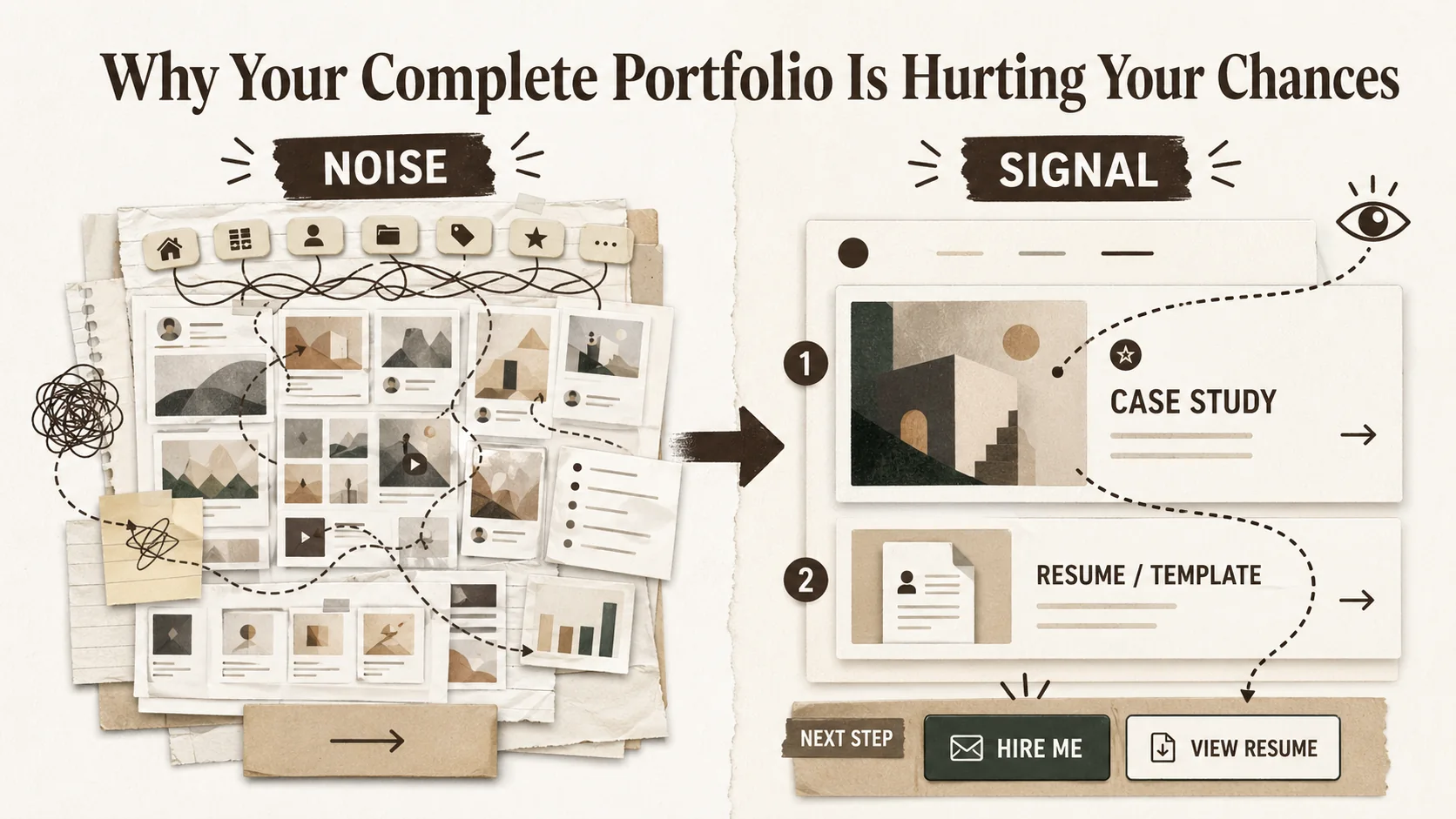 A side-by-side comparison: on the left, a messy, overcrowded portfolio page; on the right, a clean, focused page with clear headlines and buttons.