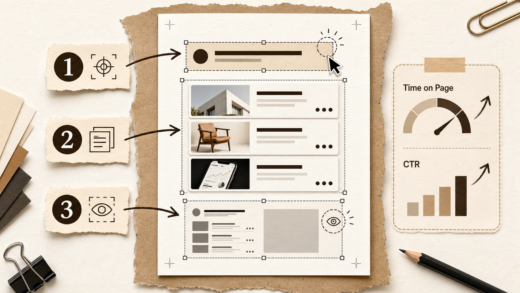 A person using a simple dashboard tool to edit their portfolio, with clear metrics like 'Time on Page' and 'Click-Through Rate' visible.