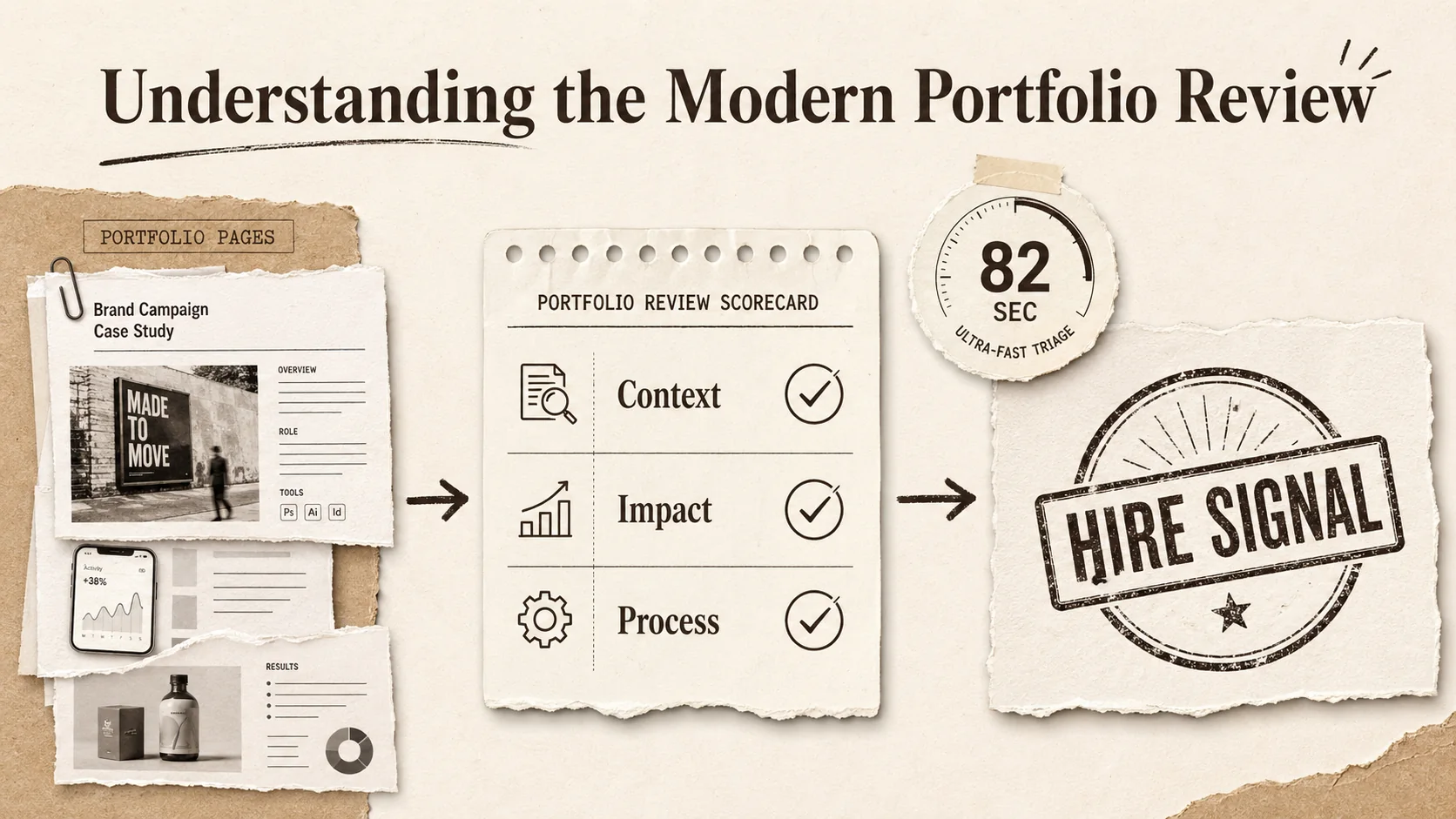 Screenshot of a Greenhouse recruiting dashboard showing a candidate's portfolio scorecard with metrics like 'Project Context Provided', 'Business Impact Quantified', and 'Process Documented'