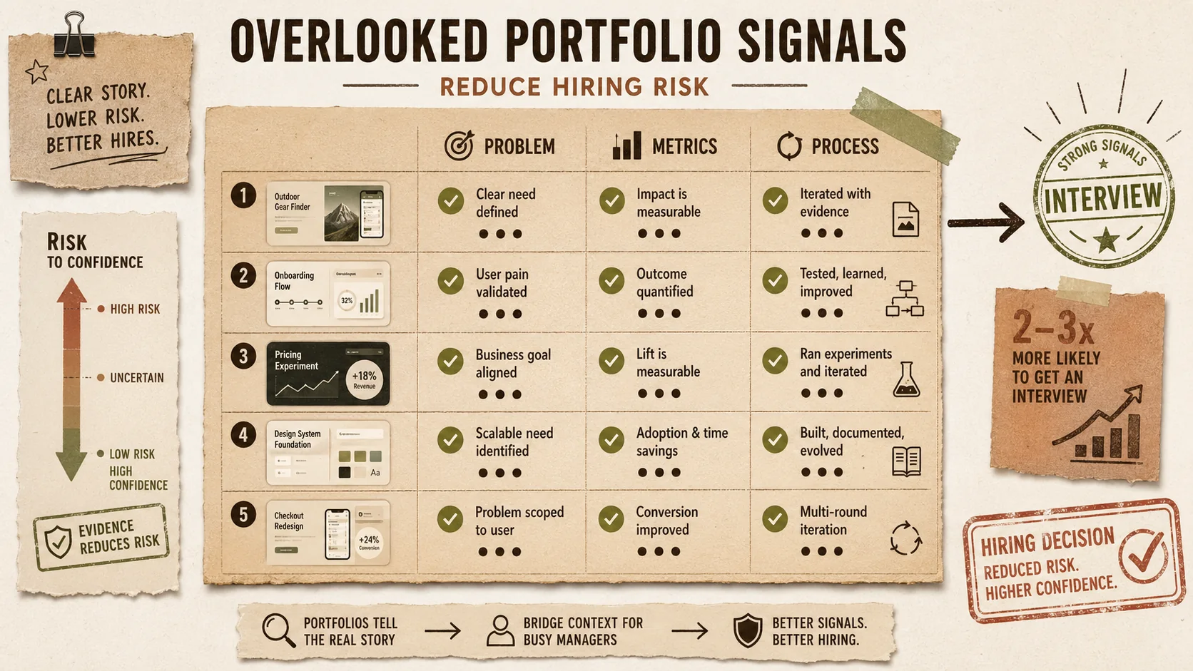 Screenshot of an Airtable used by a recruiting team to track candidate portfolio signals, with columns for 'Clear Problem Stated?', 'Metrics Included?', and 'Process Shown?'