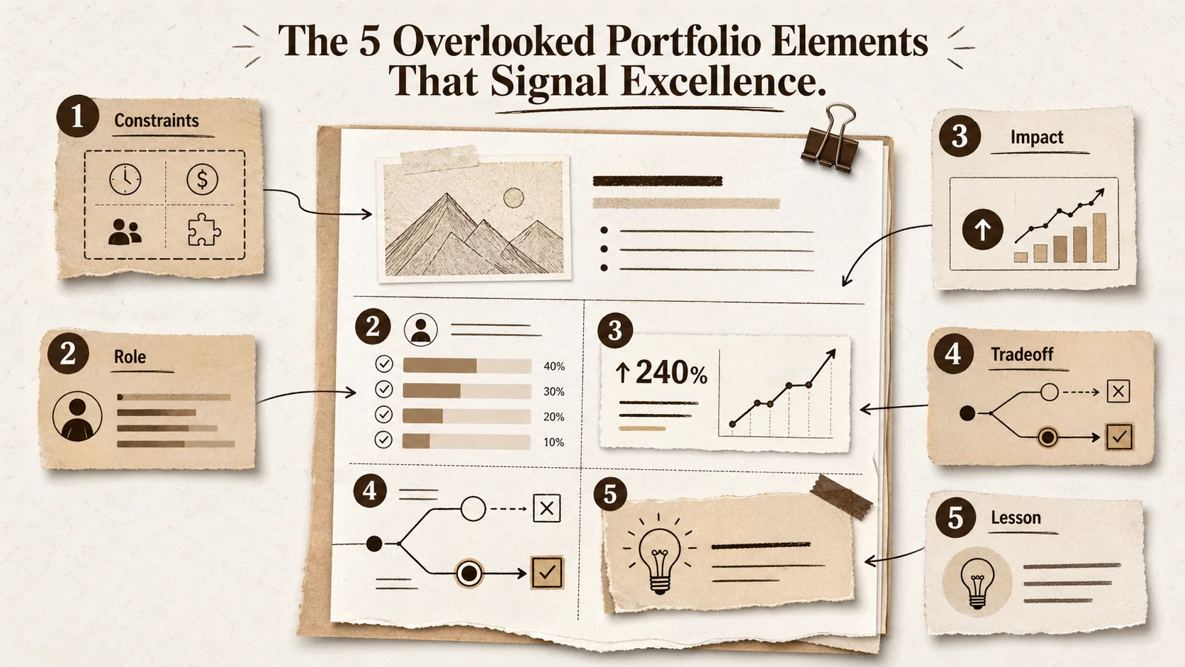 Screenshot of a well-structured portfolio project page highlighting the five key elements: a clear problem statement, a constraints box, a 'My Role' section, a metrics dashboard graphic, and a 'Lessons Learned' callout