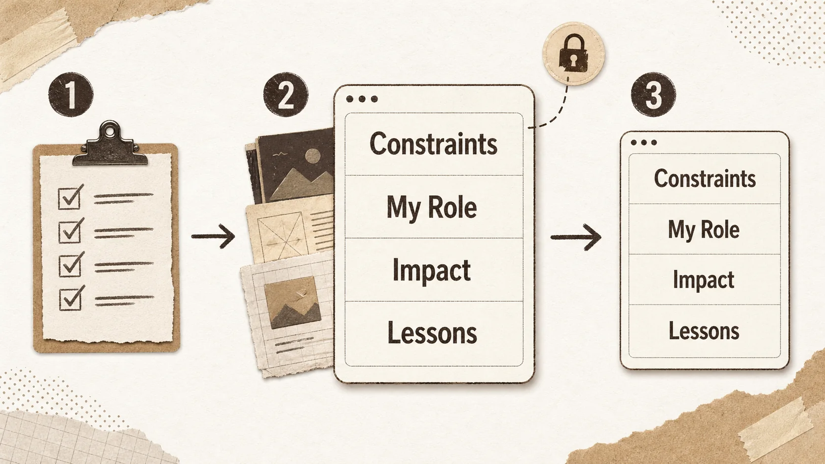 Screenshot of a Popout page editor showing a project section template with fields pre-labeled for 'Constraints', 'My Role', 'Impact', and 'Lessons Learned'
