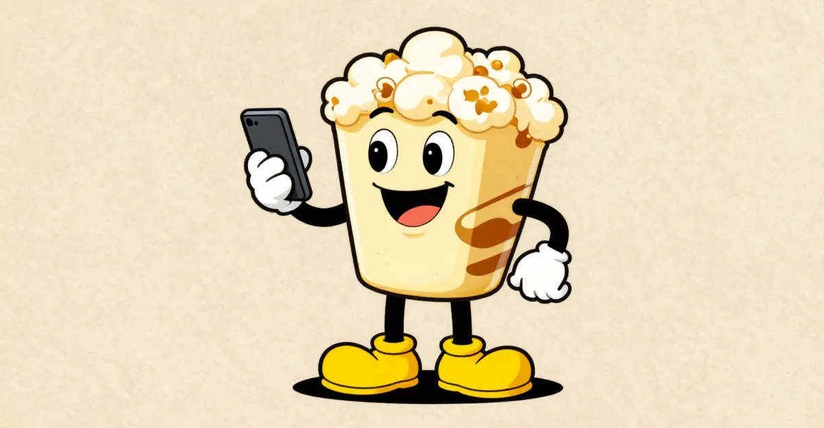 Mascotte popcorn style cartoon 1930s tenant un smartphone affichant une page bio link, palette crème et ambre