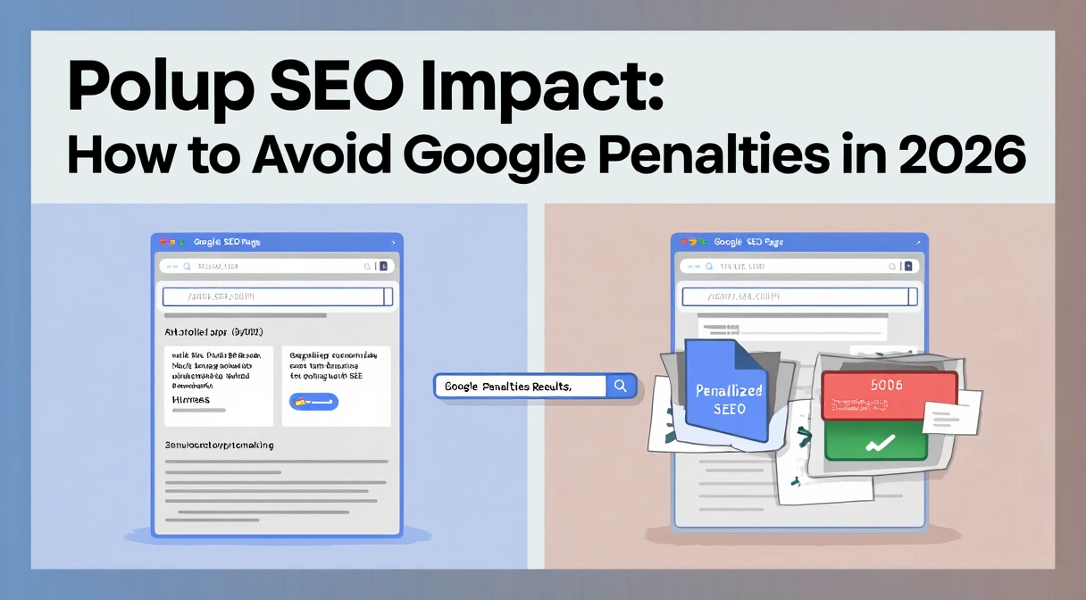 A split-screen illustration showing a clean, high-ranking portfolio page on one side and a cluttered, penalized page with aggressive popups on the other, with a Google search results bar in the middle showing a drop in ranking