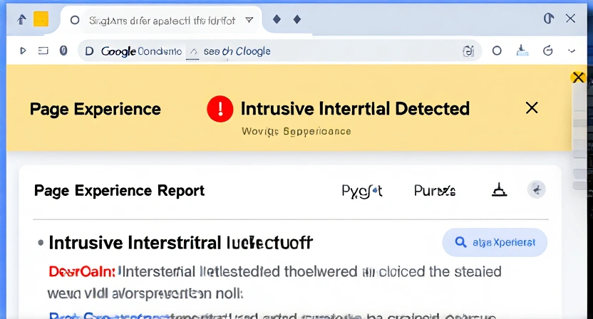 Screenshot of the Google Search Console interface highlighting the 'Page Experience' report section, with a red warning flag next to a URL labeled 'Intrusive Interstitial Detected'