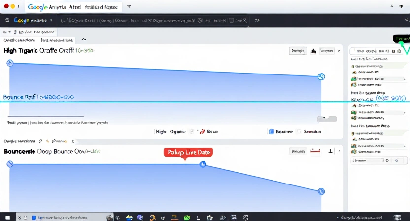 Screenshot of a Google Analytics dashboard comparing two portfolio pages: one with high organic traffic and low bounce rate, and one with a steep drop in organic sessions and a high bounce rate, annotated with 'Popup Live Date'