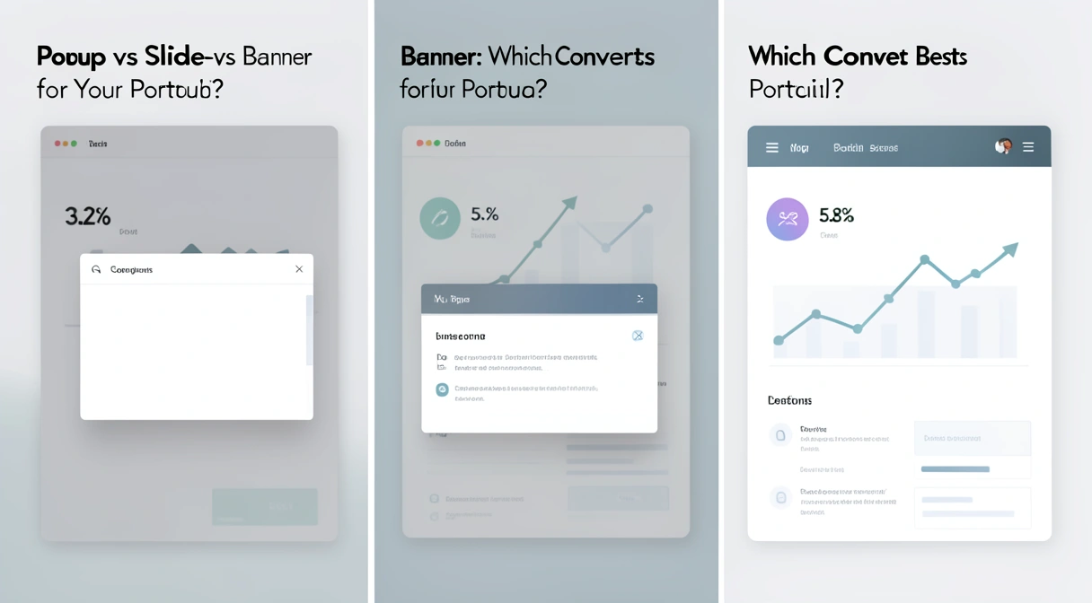 A split-screen visual comparison of a popup, slide-in, and banner on a portfolio website, with conversion rate percentages floating above each