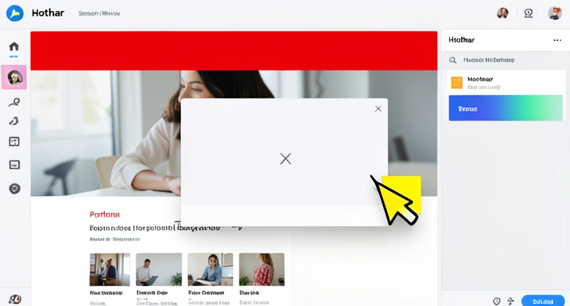 Screenshot of a Hotjar session recording playback, showing a user quickly scrolling past a banner, hesitating on a slide-in, and immediately closing a popup on a portfolio site
