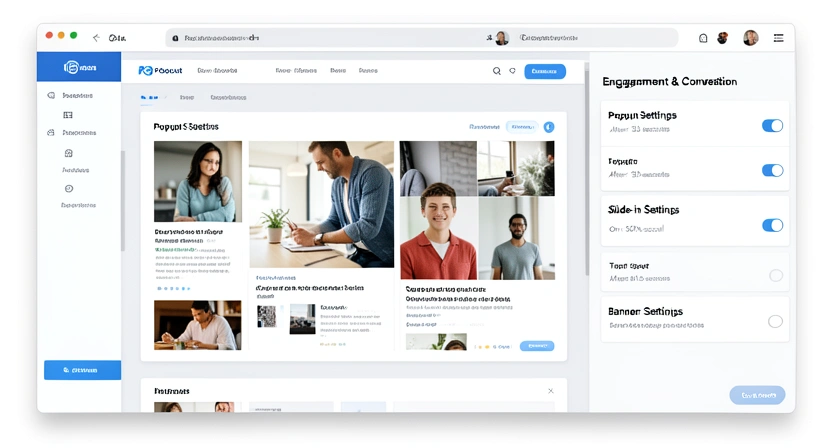 Screenshot of a Popout page editor showing the 'Engagement Tools' settings panel with toggle switches for Popup, Slide-in, and Banner, and styling options for each