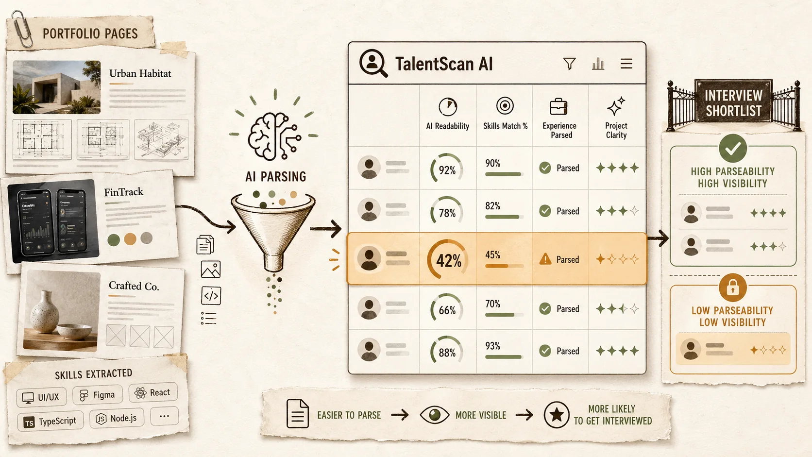 Screenshot of a fictional AI recruitment dashboard named "TalentScan AI" showing a list of candidate profiles with columns for 'AI Readability Score', 'Skills Match %', 'Experience Parsed', and 'Project Clarity'. One candidate is highlighted with a low score of 42%.