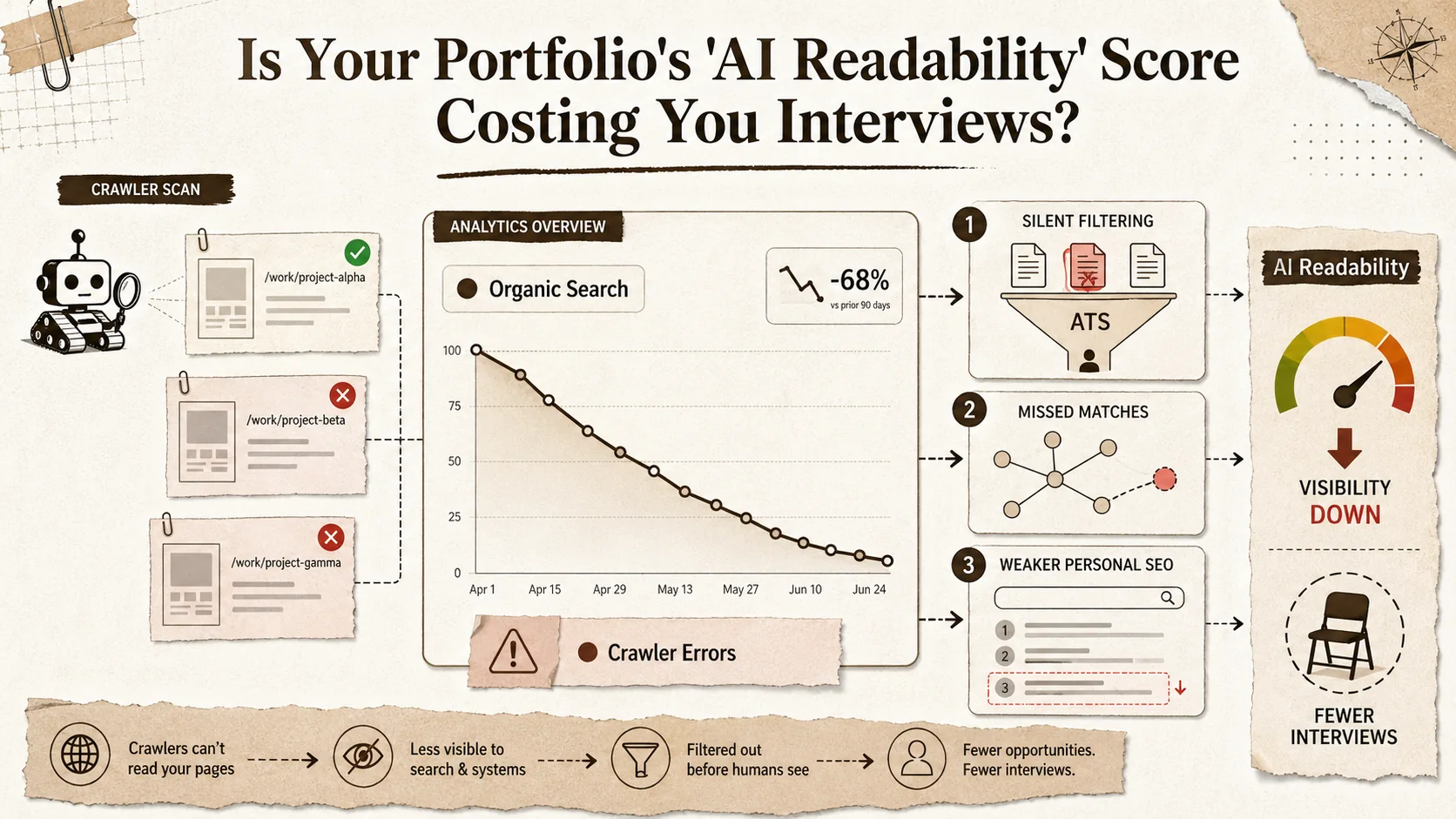 Screenshot of a Google Analytics 4 report for a website, showing a steep drop in 'Users from Organic Search' and a note highlighting 'Crawler errors detected' for key portfolio pages.