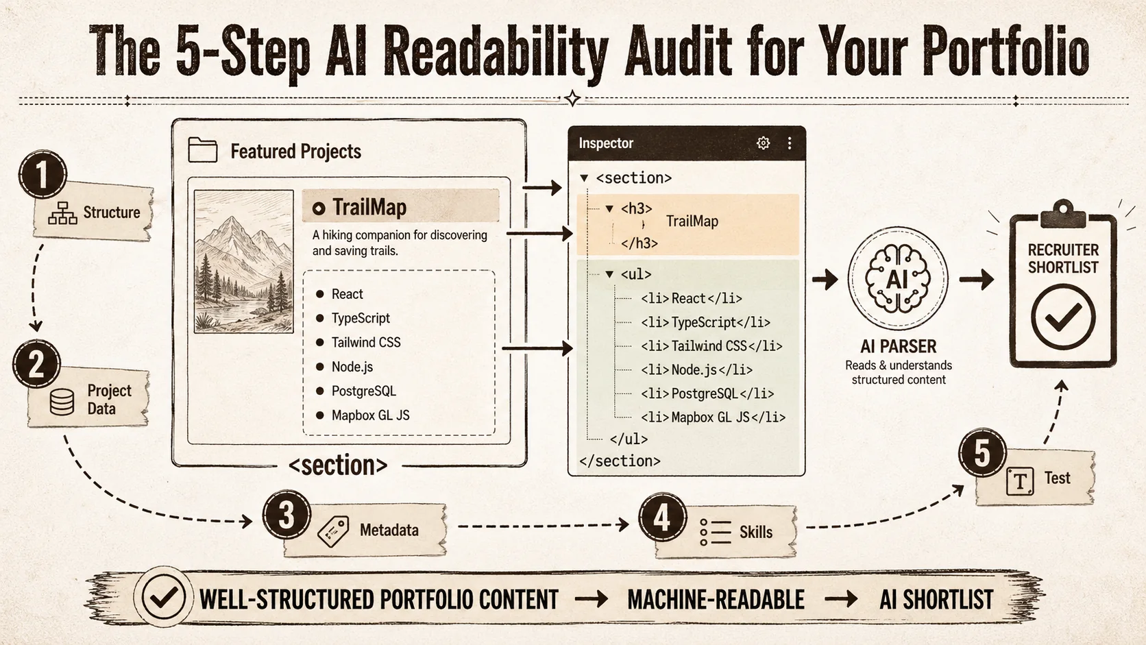 Screenshot of the Web Developer Tools 'Inspector' panel open on a portfolio website, highlighting the HTML structure of a project section. The code shows proper use of <section>, <h3> for project names, and <ul> with <li> tags for tech stacks.