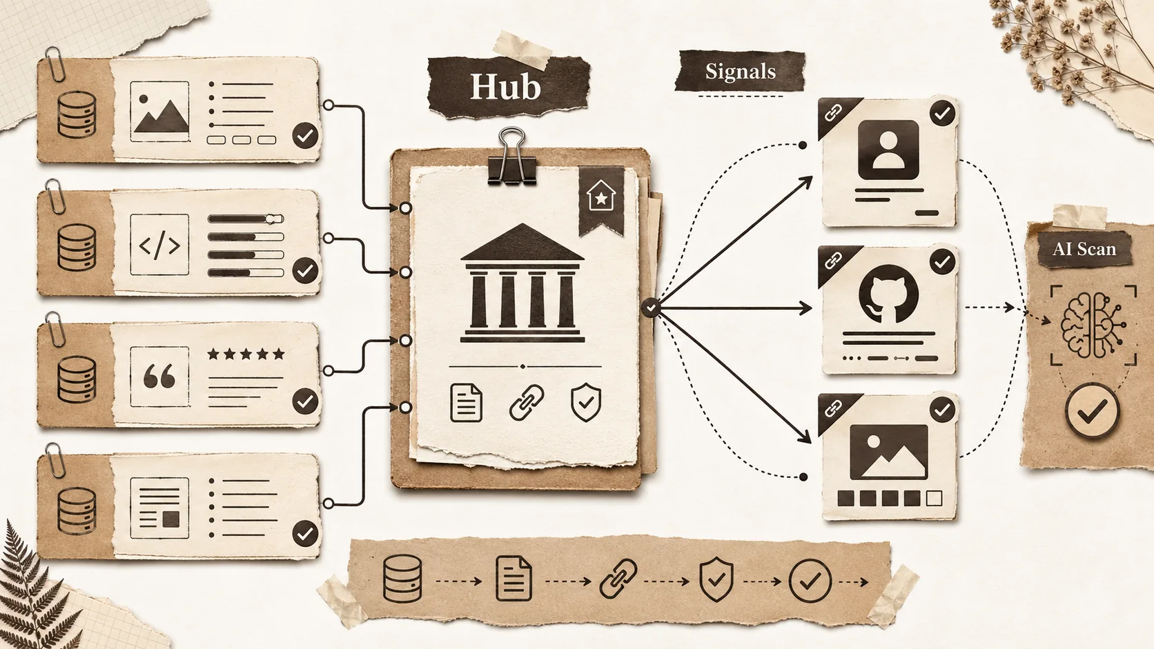 Screenshot of a Notion page template titled 'Career Hub Master Plan', with databases for 'Projects', 'Skills Inventory', 'Testimonials', and 'Content Pieces', all linking to each other.