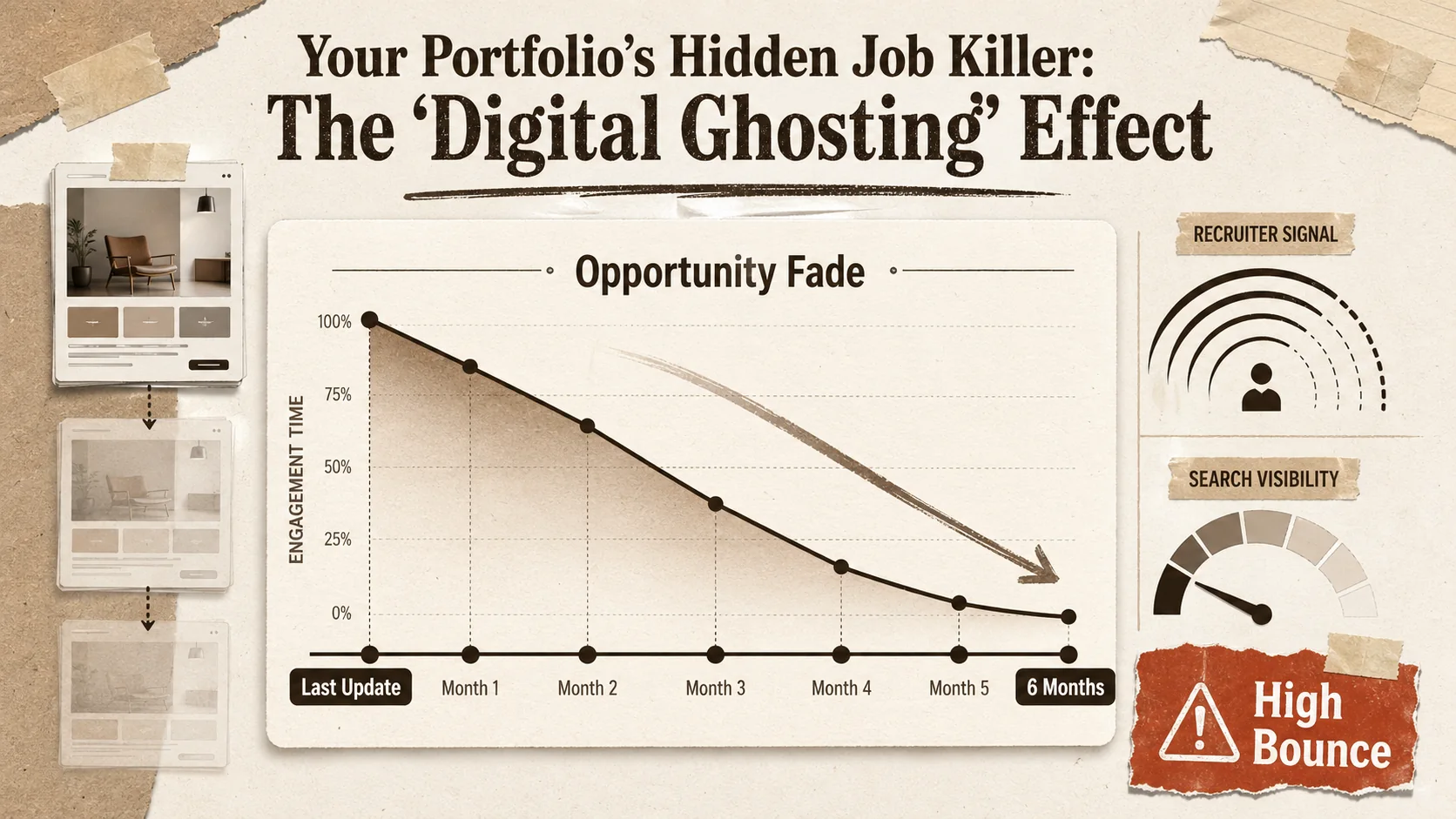 Screenshot of a Google Analytics 4 dashboard for a portfolio site, showing a graph of user engagement time plummeting over 6 months, with a high bounce rate highlighted.