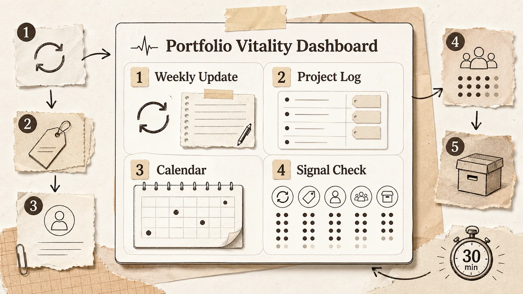 Screenshot of a Notion page template titled 'Portfolio Vitality Dashboard', with sections for 'Weekly Micro-Update', 'Project Log', 'Content Calendar', and 'Signal Check'.